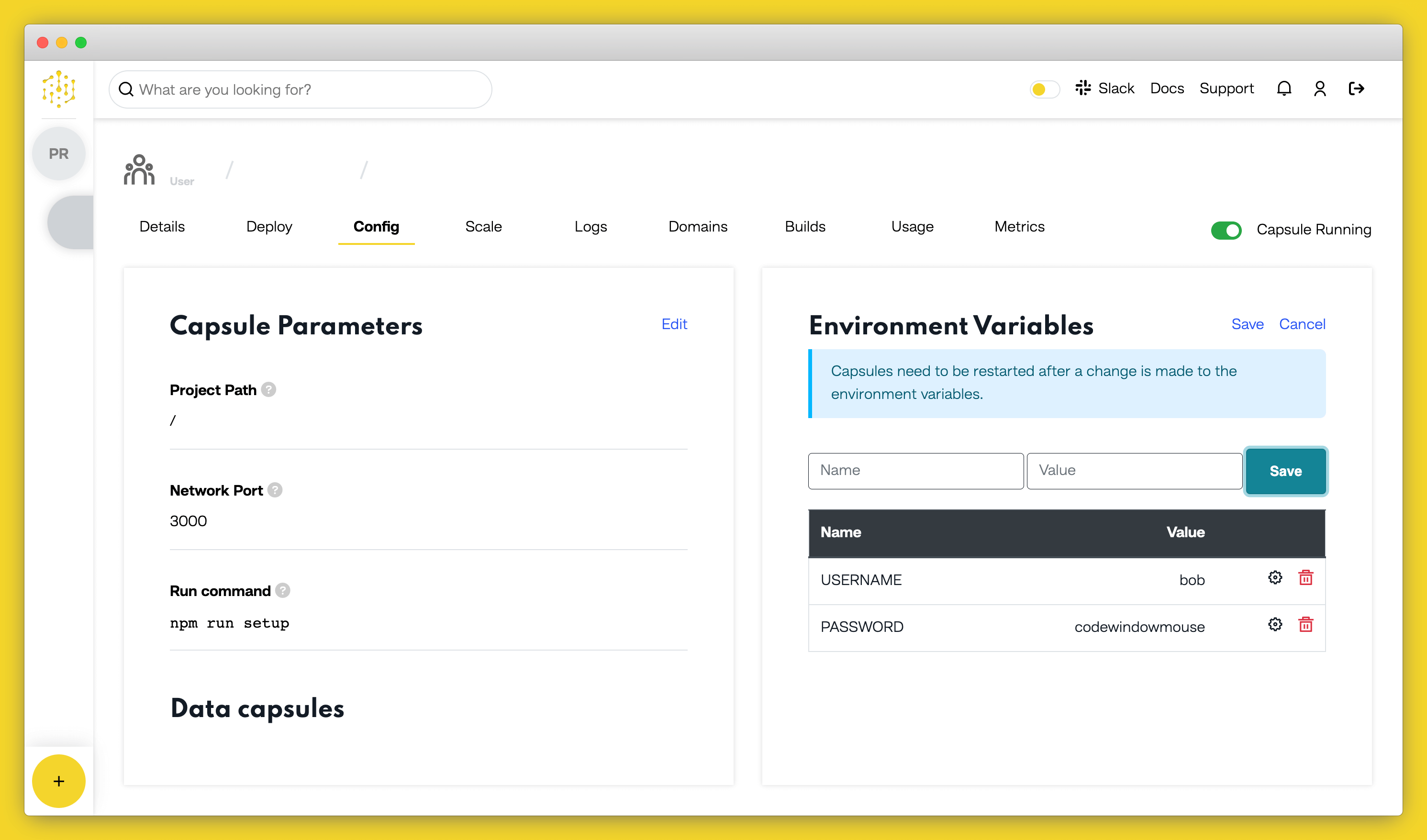 env user password